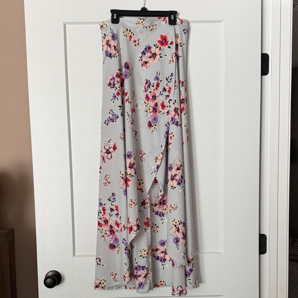 Living Doll Floral Maxi Skirt in Gray, Pink, and Purple